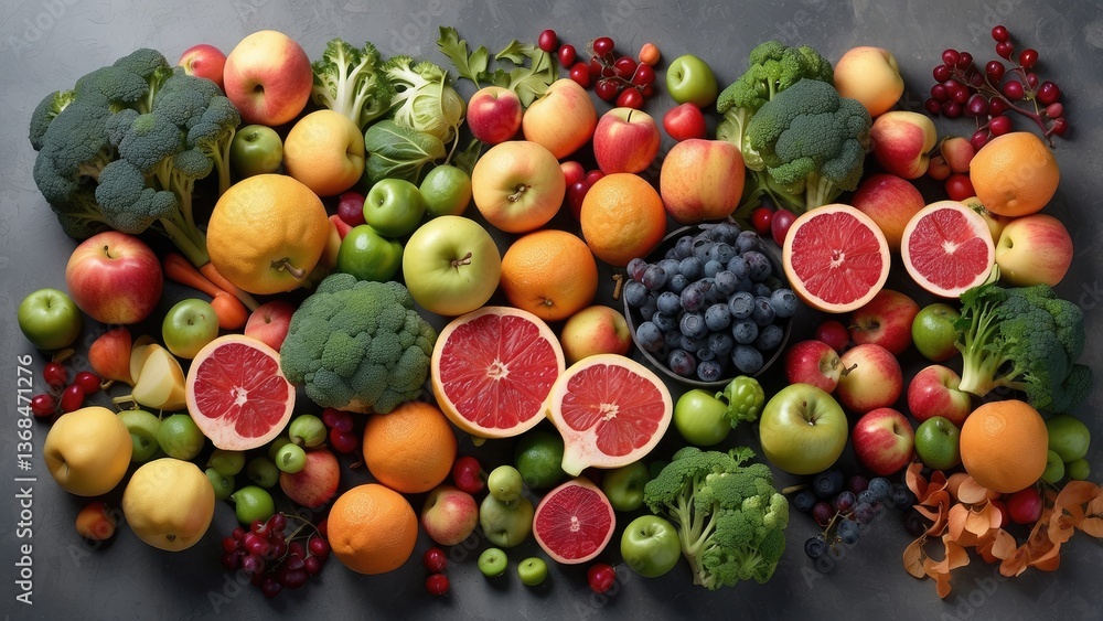 A high-angle, full shot of various foods arranged on a gray stone surface. A high-angle, full shot of various foods arranged on a gray stone surface.