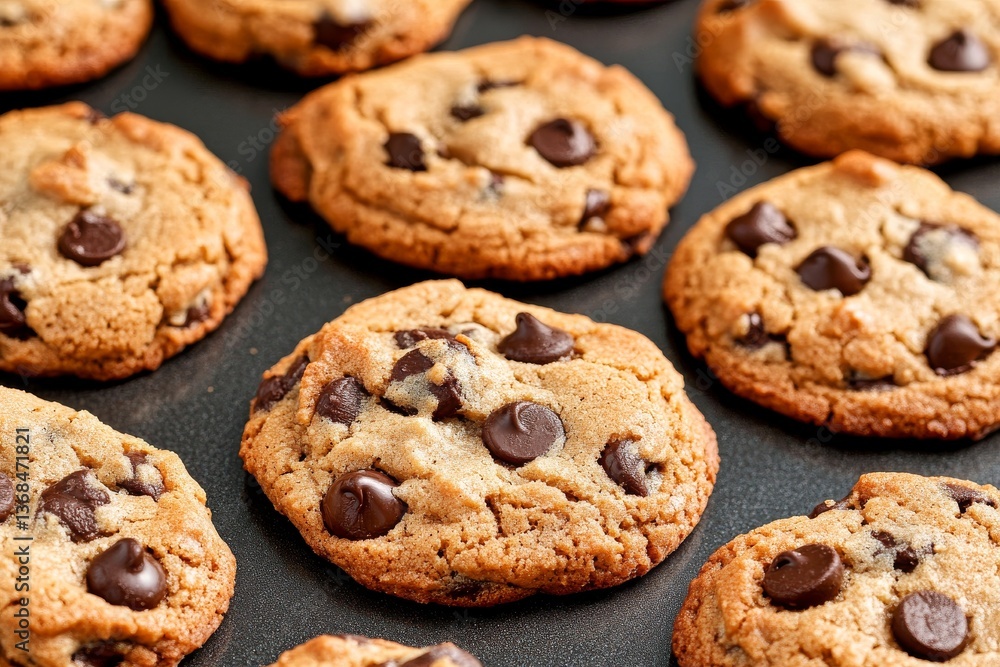Deliciosas galletas de chocolate recién horneadas en una bandeja oscura y brillante Deliciosas galletas de chocolate recién horneadas en una bandeja oscura y brillante
