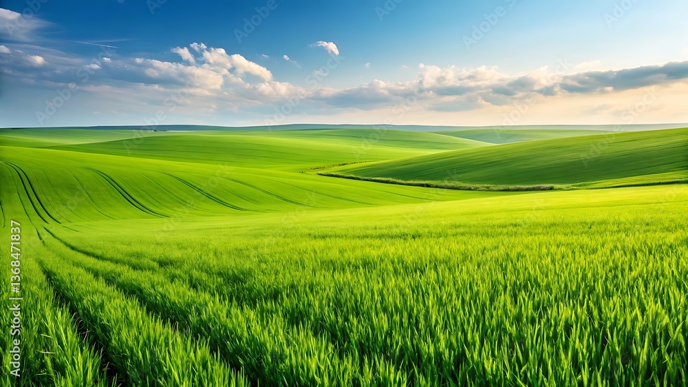 Obraz premium A summer green field stretches towards the blue sky horizon