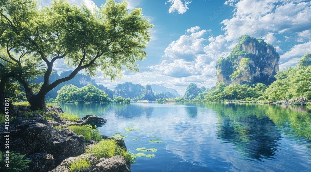 Scenic Lake Landscape with Green Trees, Rocks and Cloudy Sky Reflection Scenic Lake Landscape with Green Trees, Rocks and Cloudy Sky Reflection