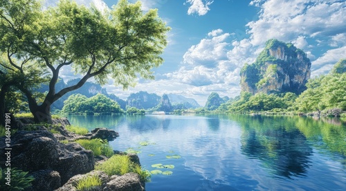 Scenic Lake Landscape with Green Trees, Rocks and Cloudy Sky Reflection