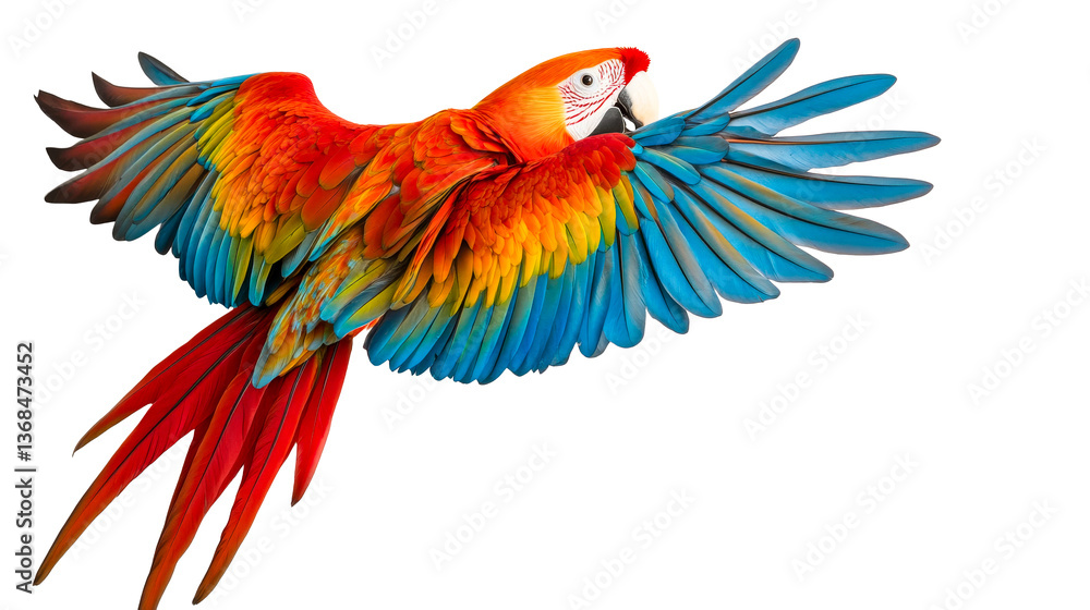 Fototapeta premium Magnificent scarlet macaw flying, wings spread, isolated, cut out transparent