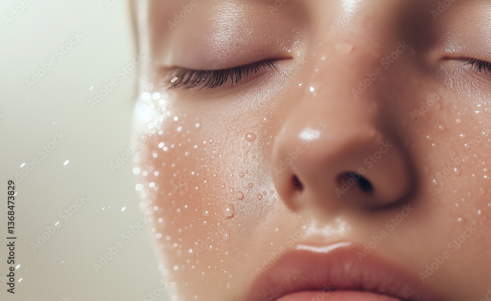 Fototapeta premium Close-up of a woman's face with closed eyes and water droplets on her skin, highlighting natural beauty and freshness.