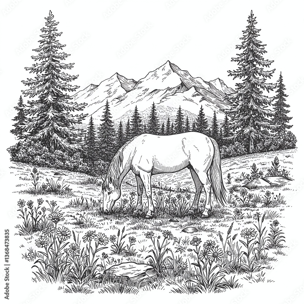 Fototapeta premium Pastoral Scene: Majestic mountains frame a serene meadow where a horse peacefully grazes, creating a timeless scene of natural beauty and tranquility.