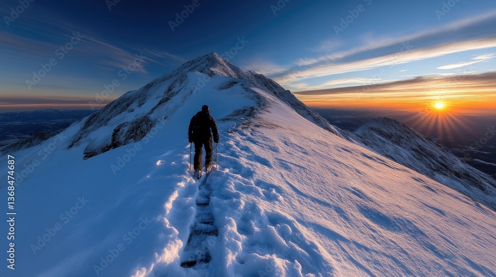 custom made wallpaper toronto digitalSilhouette of a hiker on a snowy mountain peak at sunrise.  A lone figure ascends a snow-covered ridge towards a majestic summit, bathed in the warm glow of a spectacular sunrise