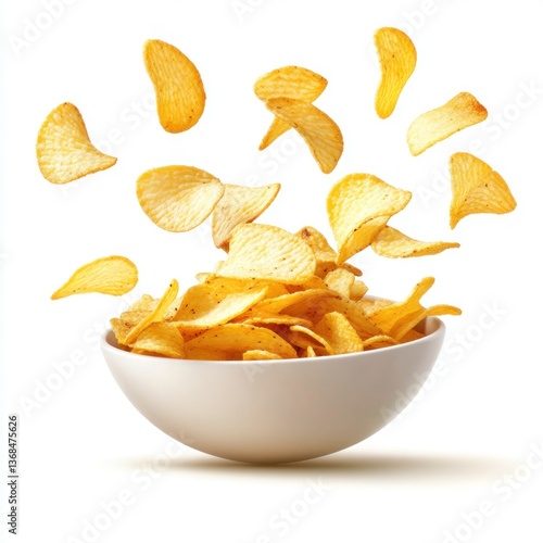 potato chips flying on bowl, isolated or white background