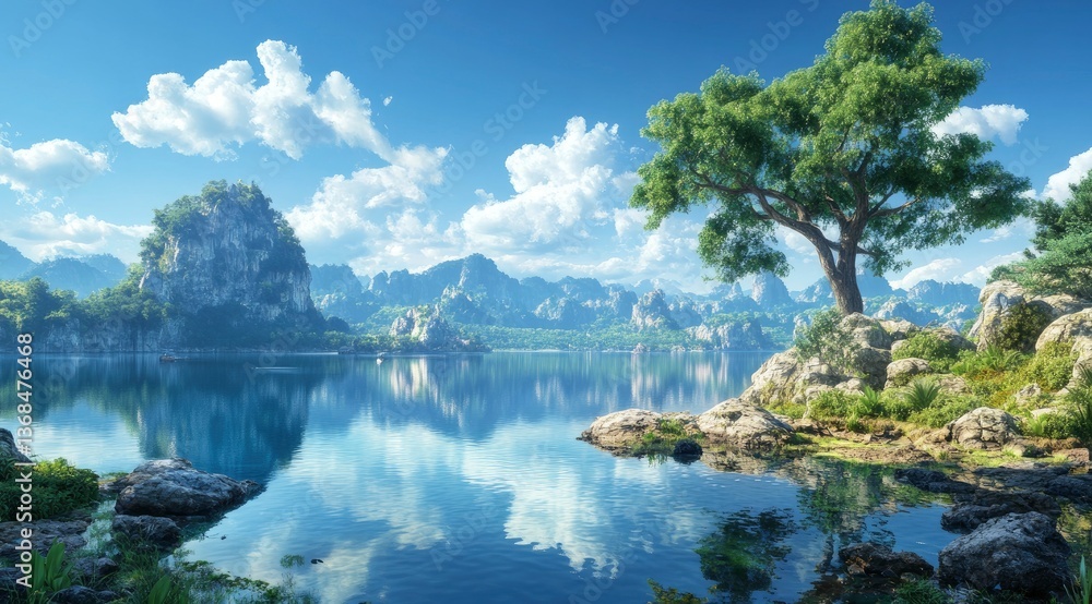 Fototapeta premium Scenic Mountain Lake Reflection with Tree and Blue Sky Clouds