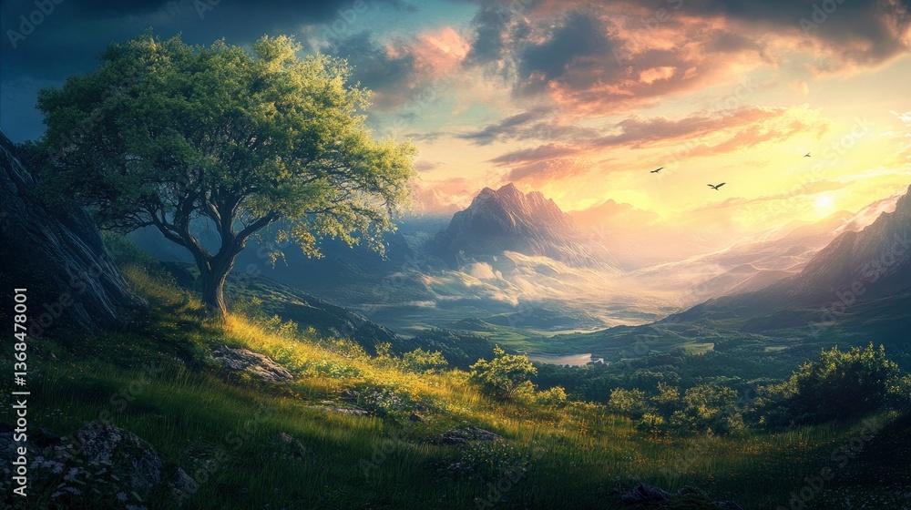 Lone Tree Overlooking Mountain Valley at Sunset with Birds Flying Lone Tree Overlooking Mountain Valley at Sunset with Birds Flying