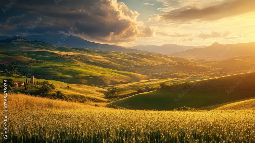 Obraz premium Rolling Hills and Wheat Field at Sunset in the Tuscany Countryside