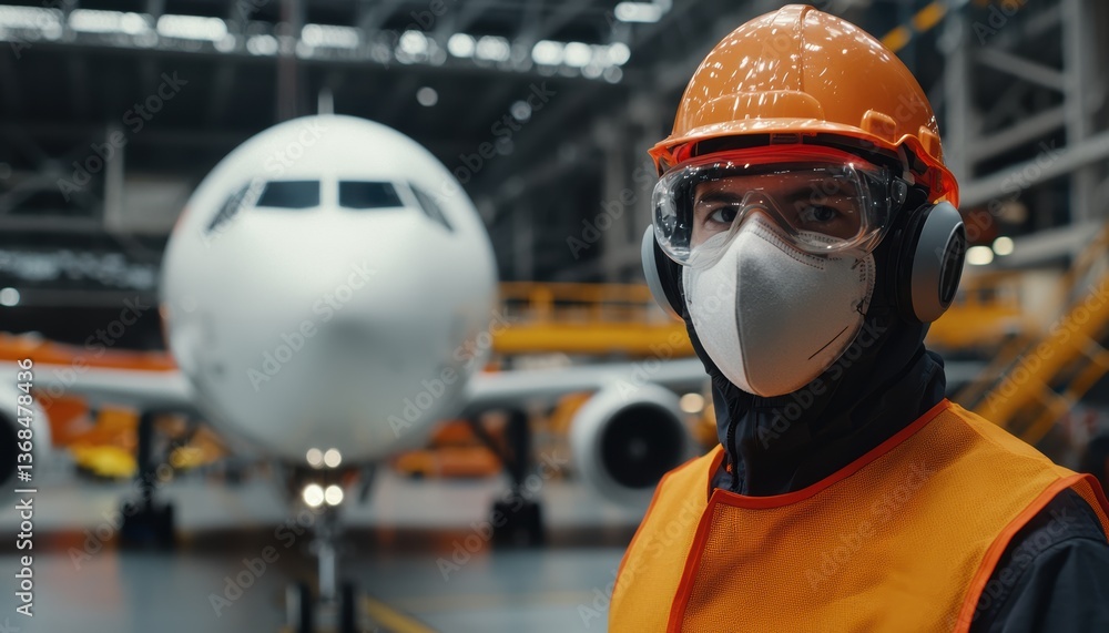 Modern aircraft technician wearing protective gear, standing in a spacious hangar, representing innovation and precision in the aviation industry Modern aircraft technician wearing protective gear, standing in a spacious hangar, representing innovation and precision in the aviation industry
