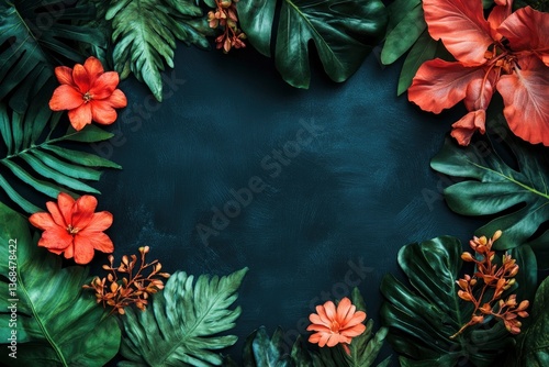 Tropical Flowers and Lush Green Leaves Frame Dark Background Space