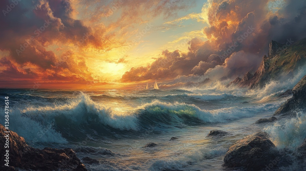 Fototapeta premium Ocean Waves Crashing on Rocky Shoreline at Sunset with Sailboats