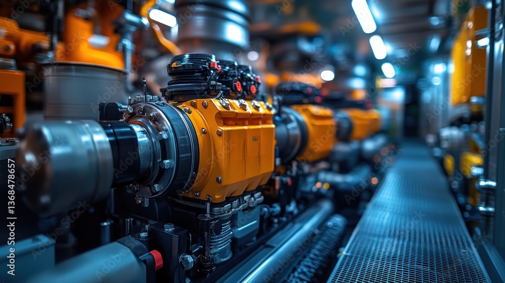Industrial Machinery: Close-up of Advanced Engine Systems in a Modern Factory Industrial Machinery: Close-up of Advanced Engine Systems in a Modern Factory