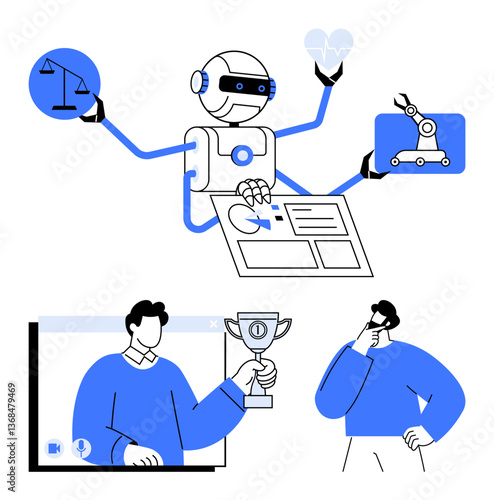 AI robot with multiple arms handles legal scales, heart, automation, documents. Businessperson holding trophy and thinking figure. Ideal for technology, AI ethics, automation, decision-making health