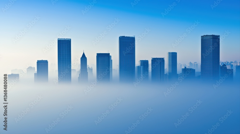 Fototapeta premium Misty cityscape at dawn with silhouetted buildings