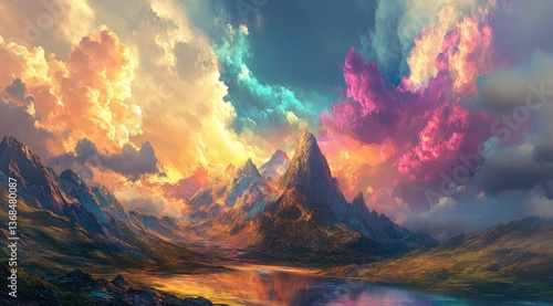 Majestic Mountain Peaks and Reflective Lake Under a Colorful Dramatic Sky