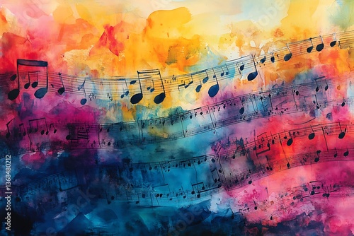 Jazz sheet music floating over an abstract watercolor background, creating a fusion of traditional and modern art