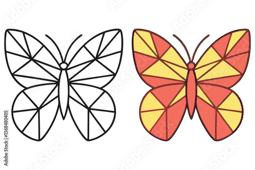 Butterfly with Geometric Pattern Outline and Colored Version Isolated