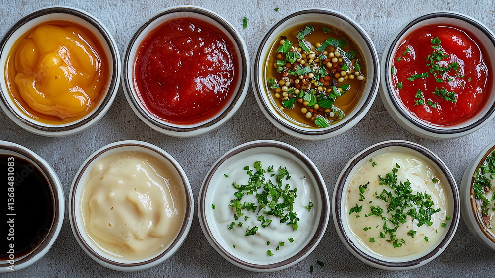 custom made wallpaper toronto digitalTop view of a variety of flavourful sauces in small dish on the table