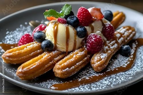 Delectable Churros Delight: A tempting arrangement of crispy churros, generously topped with fresh berries, creamy ice cream, and a drizzle of rich caramel sauce, served on a stylish plate