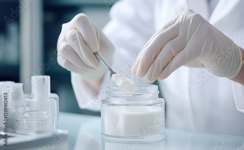 A scientist wearing gloves prepares a white cream in a laboratory setting, emphasizing cosmetic formulation and precision.
