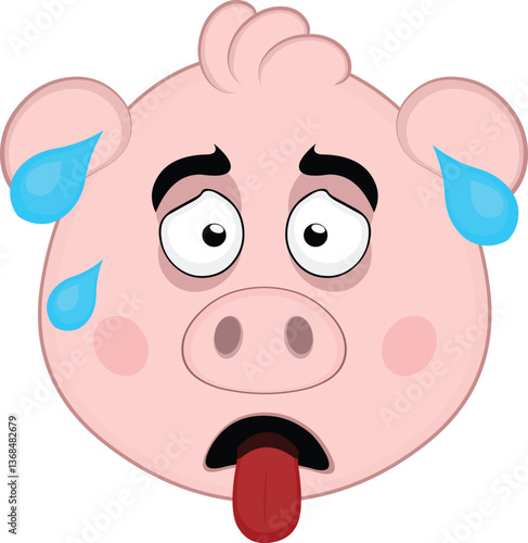 vector illustration emoji character face pig cartoon, exhausted with his tongue out and drops of sweat on his head