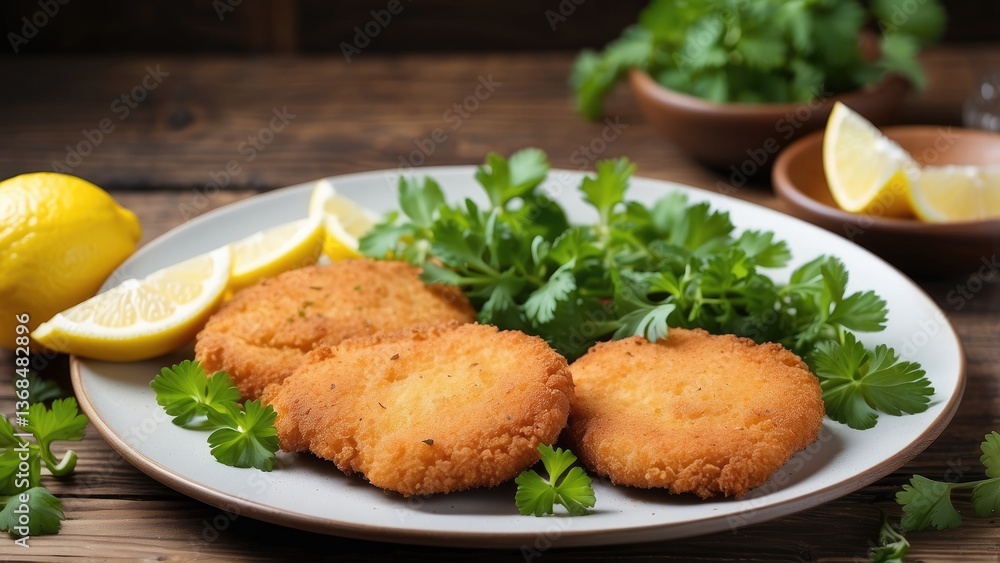 A plate of crispy, golden-brown breaded chicken cutlets garnished with fresh parsley and served with lemon slices. A plate of crispy, golden-brown breaded chicken cutlets garnished with fresh parsley and served with lemon slices.