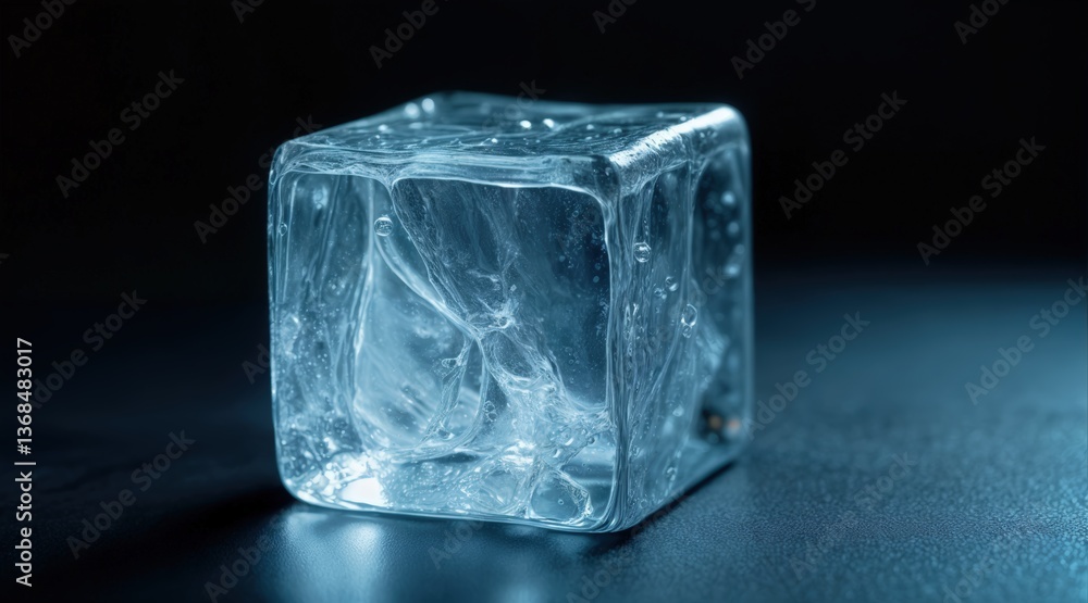 Close-up of single ice cube, highly detailed frozen water, visible air pockets, sharp icy edges, illuminated in blue tones, resting on reflective dark surface, cold and minimalistic aesthetic Close-up of single ice cube, highly detailed frozen water, visible air pockets, sharp icy edges, illuminated in blue tones, resting on reflective dark surface, cold and minimalistic aesthetic
