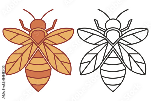 Honey Bee Illustration, Brown Color Insect Art, Decorative Isolated on White