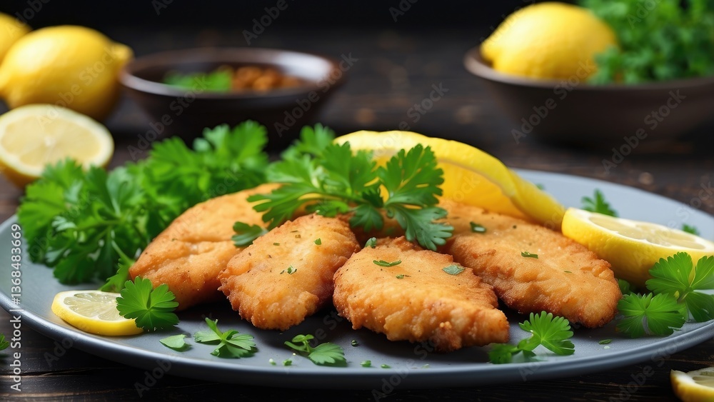 A plate of golden brown breaded fried cutlets garnished with fresh parsley rests on a rustic wooden table. A plate of golden brown breaded fried cutlets garnished with fresh parsley rests on a rustic wooden table.