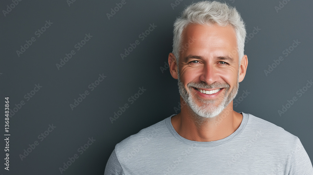 Obraz premium Smiling mature man with gray hair and beard wearing a light gray shirt, looking confidently at the camera. 