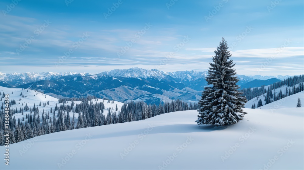 Winter landscape with snowy pine tree and mountains Winter landscape with snowy pine tree and mountains
