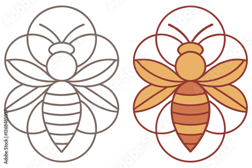 Bee Outlines with Wings Design Two Style Color Variations on White Background