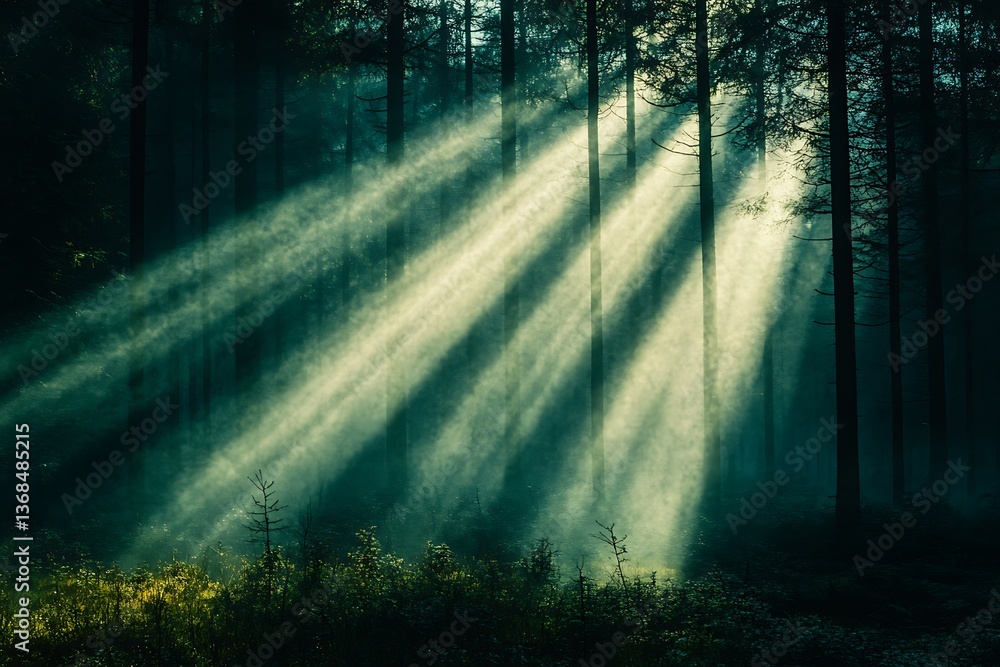 Fototapeta premium Light beams cut through a dense forest, creating a vibrant dance of illumination and shadow in the morning mist