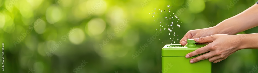 Fresh green watering can with water spraying action Fresh green watering can with water spraying action