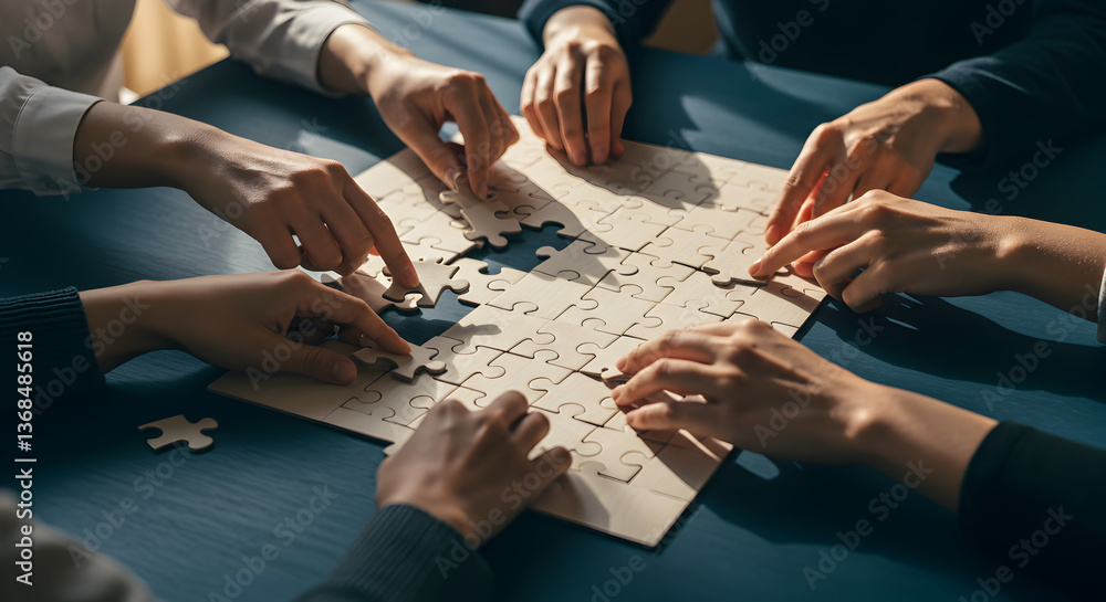 Team Assembling Jigsaw Puzzle Pieces on Blue Table in Bright Indoor Lighting Seeking Problem Solution Team Assembling Jigsaw Puzzle Pieces on Blue Table in Bright Indoor Lighting Seeking Problem Solution