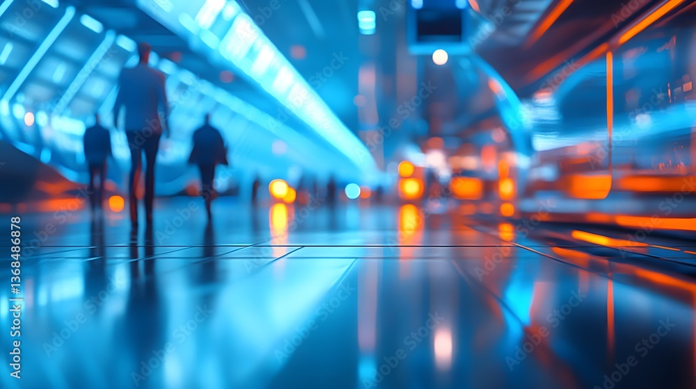 Blurred futuristic spaceport terminal with passengers in the background Blurred futuristic spaceport terminal with passengers in the background