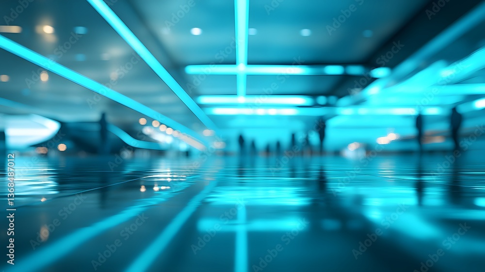 Blurred futuristic spaceport terminal with passengers in the background Blurred futuristic spaceport terminal with passengers in the background
