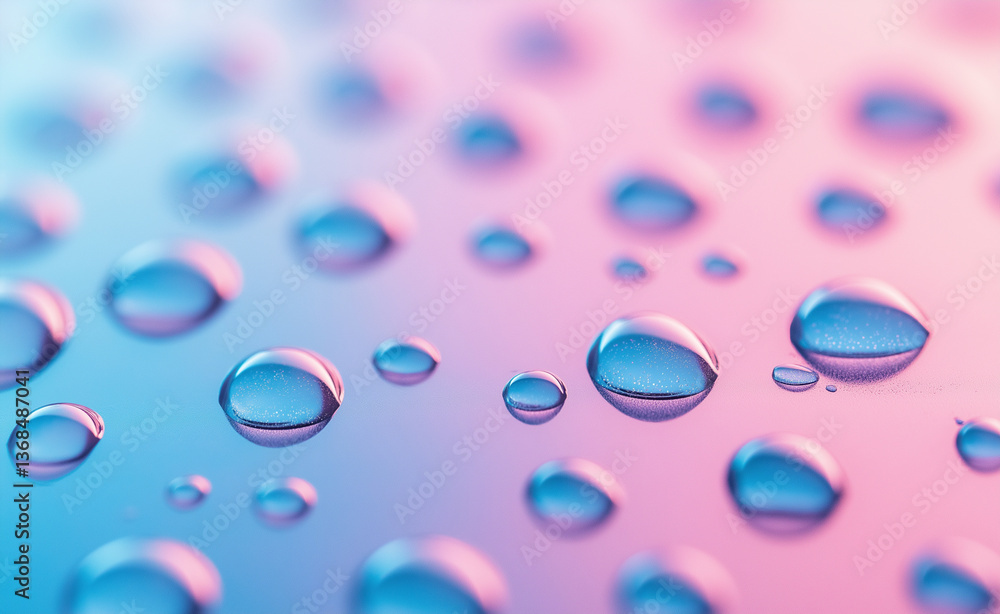 Water droplets on a smooth surface with a pink and blue gradient background.
Water droplets on a smooth surface with a pink and blue gradient background.