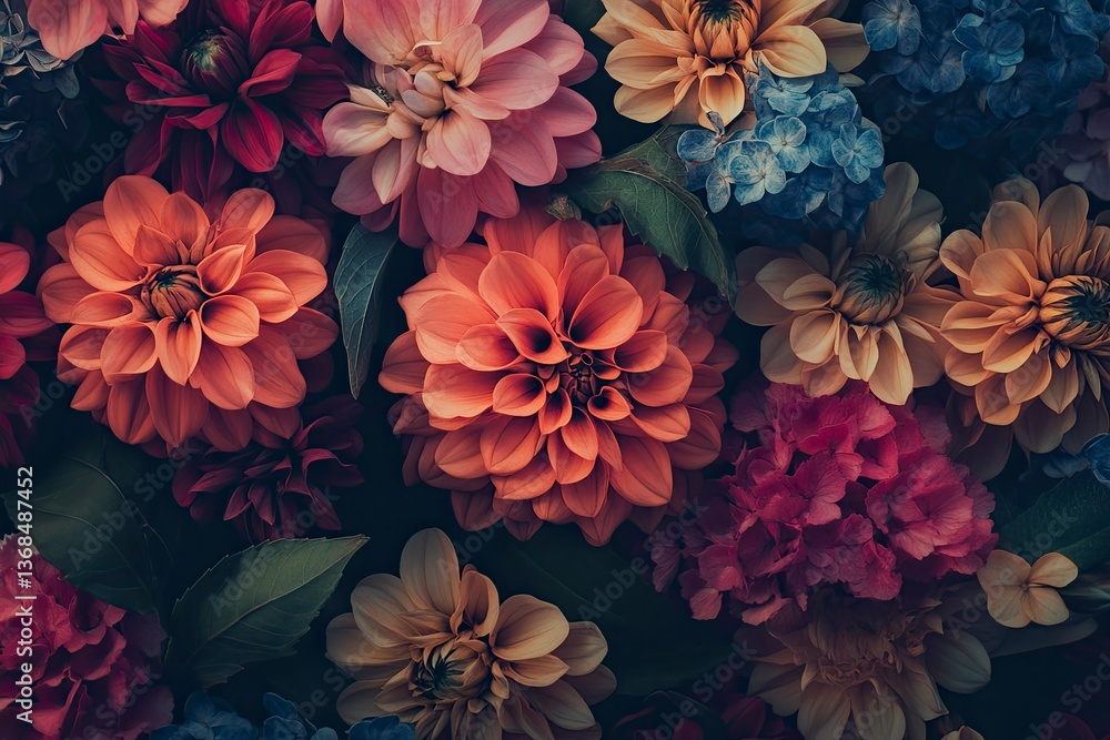 Floral Arrangement with Dahlia and Hydrangea Flowers for Background Use Floral Arrangement with Dahlia and Hydrangea Flowers for Background Use
