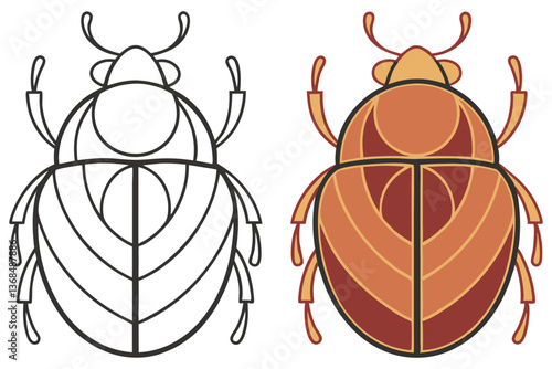 Scarab Beetle Outline and Colorful Version Icon, Detailed Insect Design, Bug