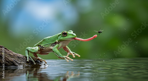 Green Tree Frog Catching Fly with Tongue on Water Surface
