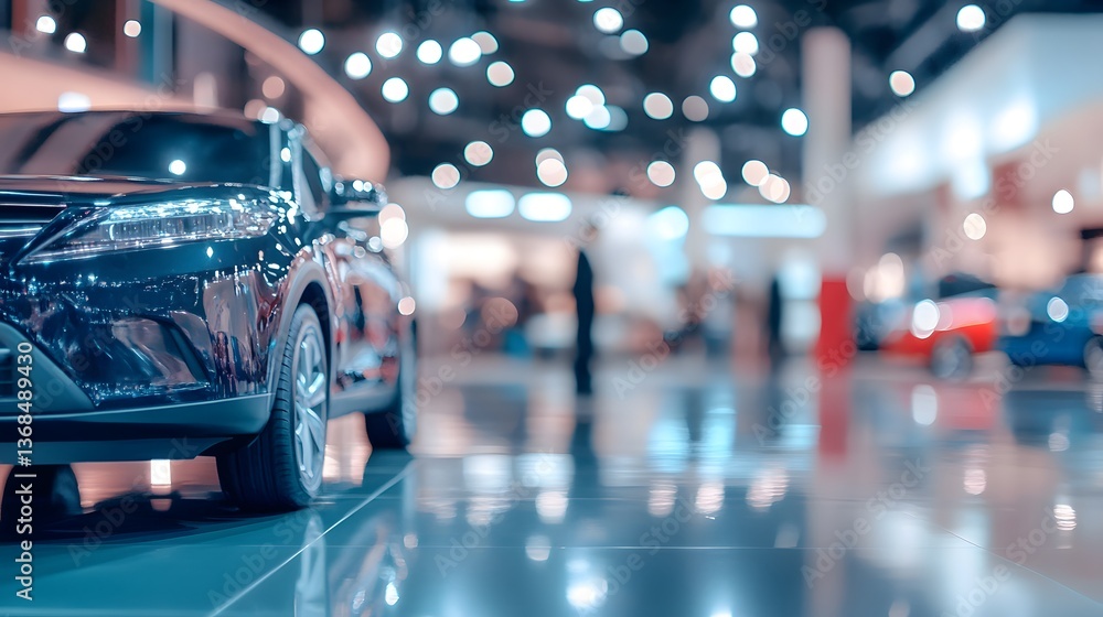 Blurred high-end car showroom with visitors in the background Blurred high-end car showroom with visitors in the background