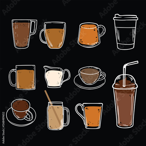 Doodle of coffee drinks in cups and mugs. Simple outline of energizing drinks made out of coffee beans. Vector coffee cups and jar. Milk cup for cappuccino.