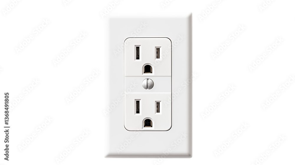 A close up shot of a white duplex electrical outlet with a screw in the middle plate A close up shot of a white duplex electrical outlet with a screw in the middle plate