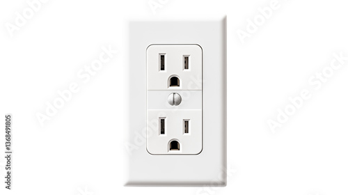 A close up shot of a white duplex electrical outlet with a screw in the middle plate