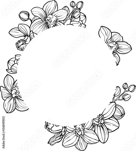 Wreath , round frame of  orchid flowers, hand drawn sketch, invitation card, wedding design, floral illustration for wedding event invitation