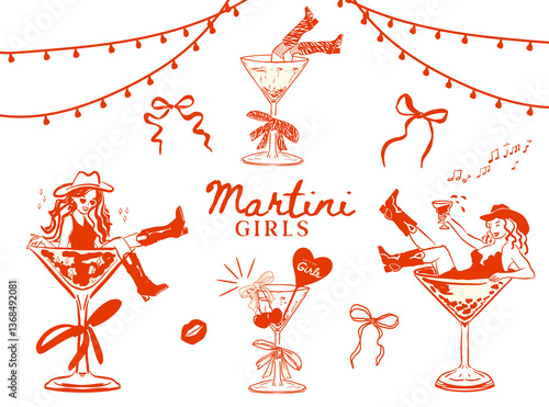 Photography Set of hand drawn Cowgirls in martini drink glasses, Hand drawn hen party girls,