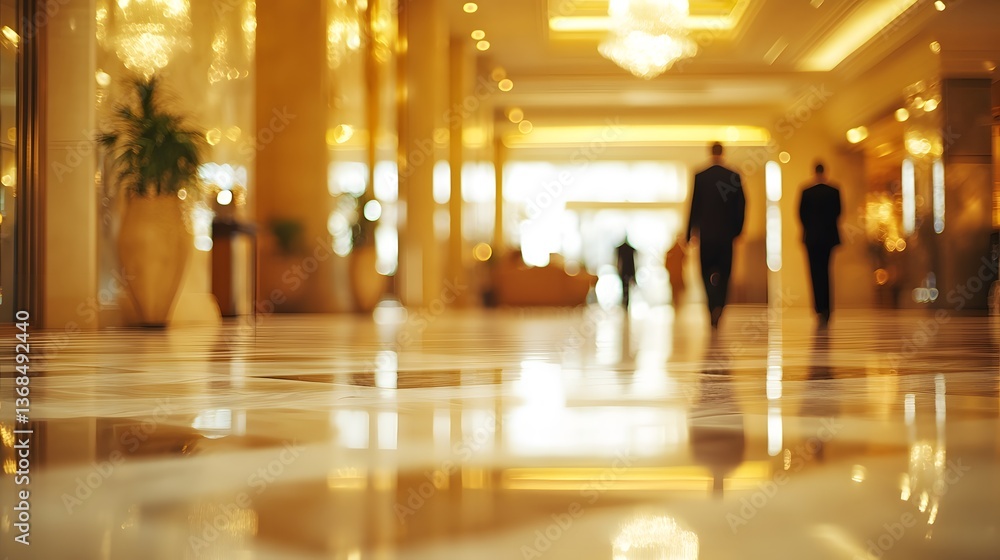 Blurred high-end hotel lobby with guests walking in the background Blurred high-end hotel lobby with guests walking in the background