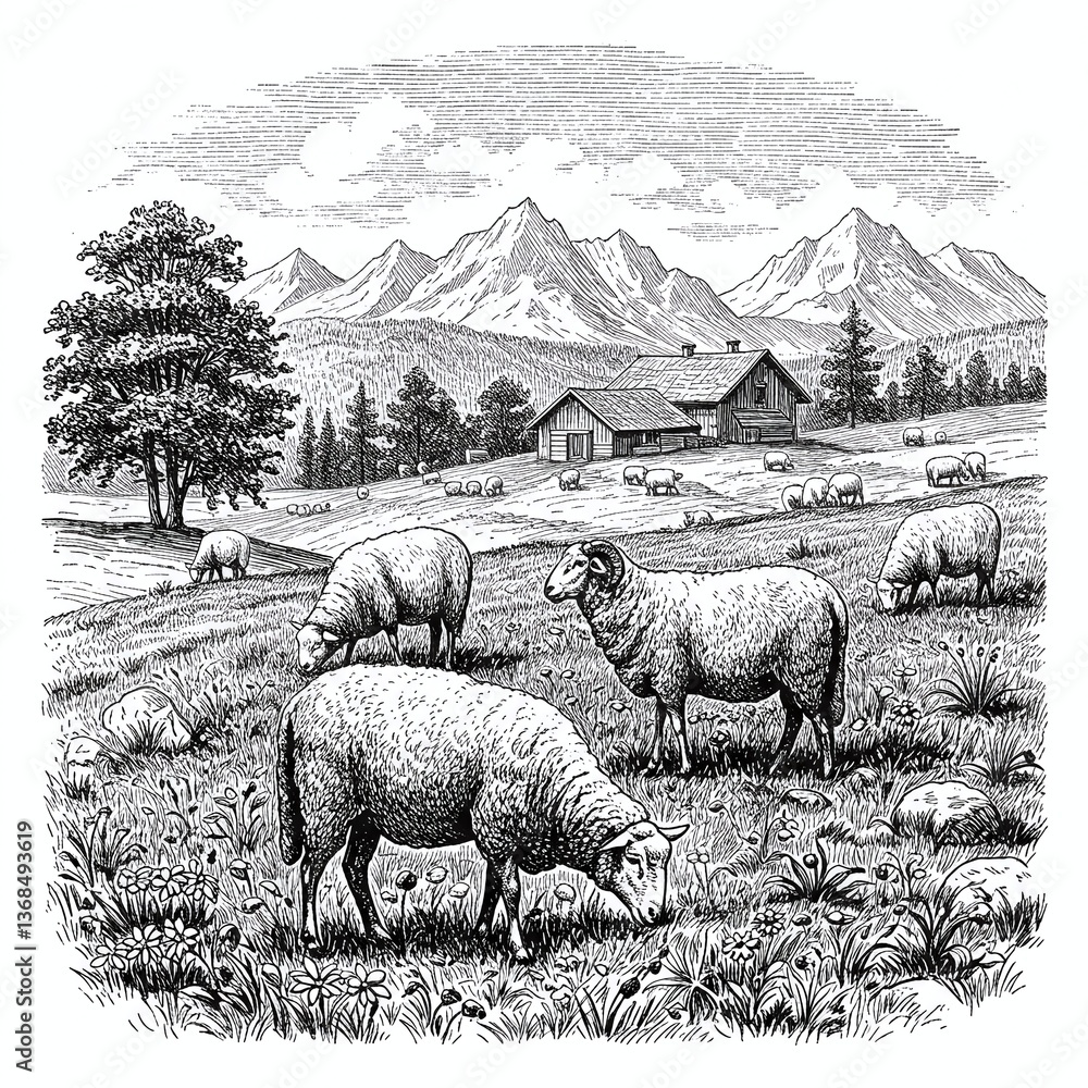 Fototapeta premium Serene Scene of Sheep Grazing in Meadow: An artistic.
